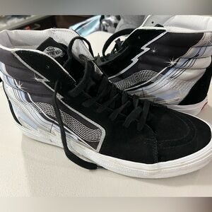 Vans Sk8-Hi Bolt Chrome Flash shoes in black, white, and blue